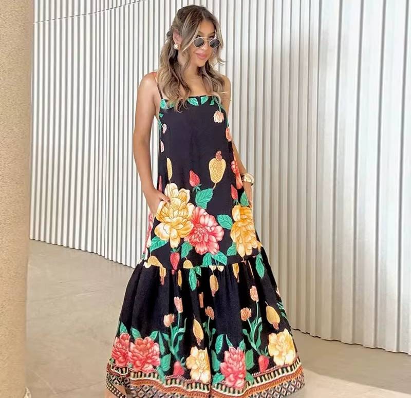 Casual Flower Print Long Backless A-line Beach Style Loose Maxi Dress