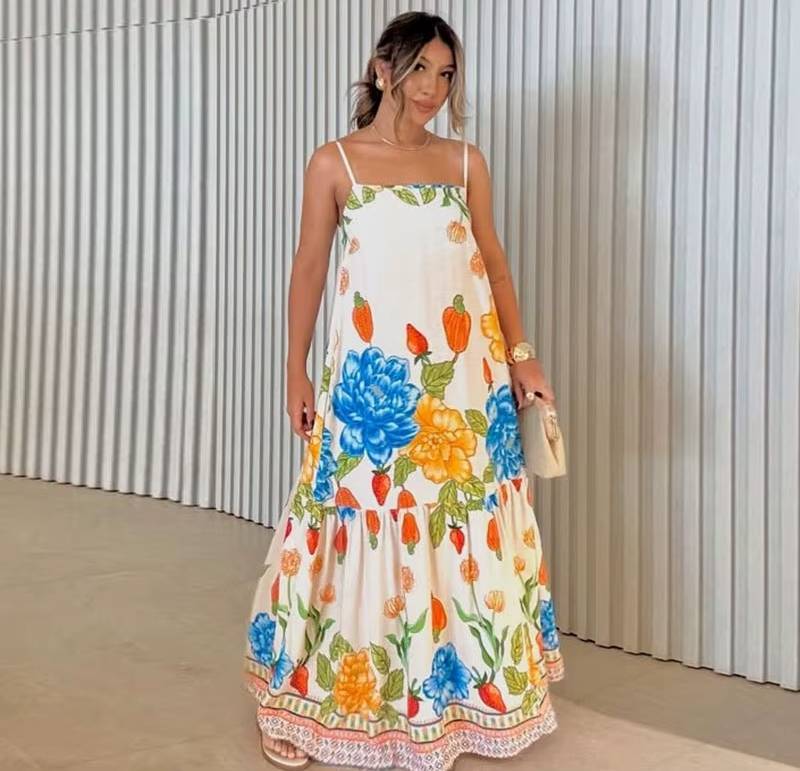Casual Flower Print Long Backless A-line Beach Style Loose Maxi Dress