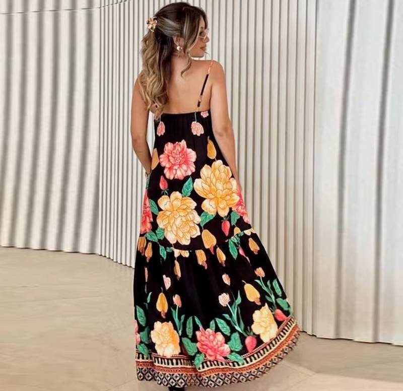 Casual Flower Print Long Backless A-line Beach Style Loose Maxi Dress