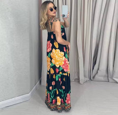 Casual Flower Print Long Backless A-line Beach Style Loose Maxi Dress