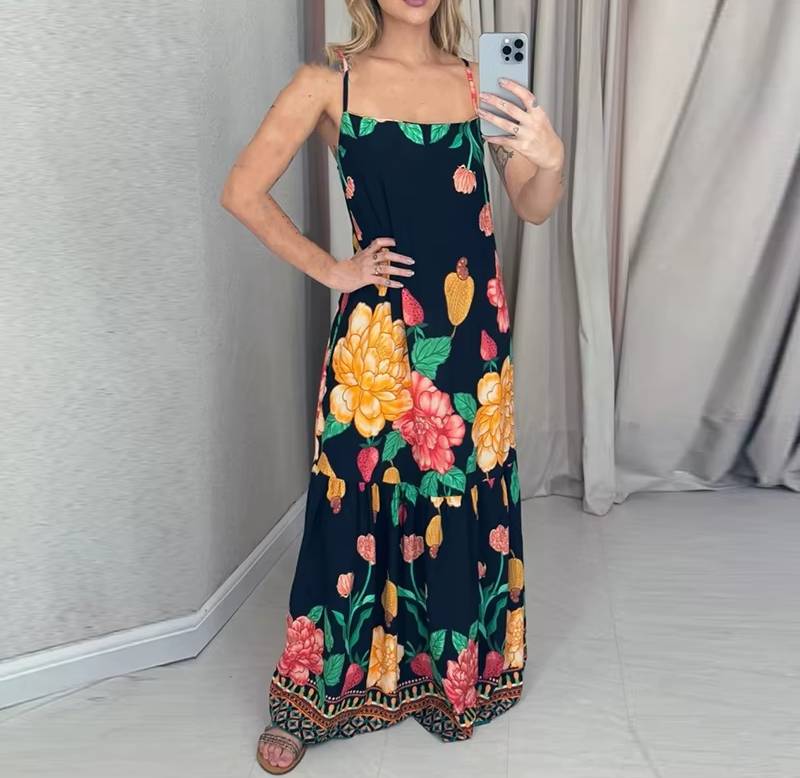 Casual Flower Print Long Backless A-line Beach Style Loose Maxi Dress