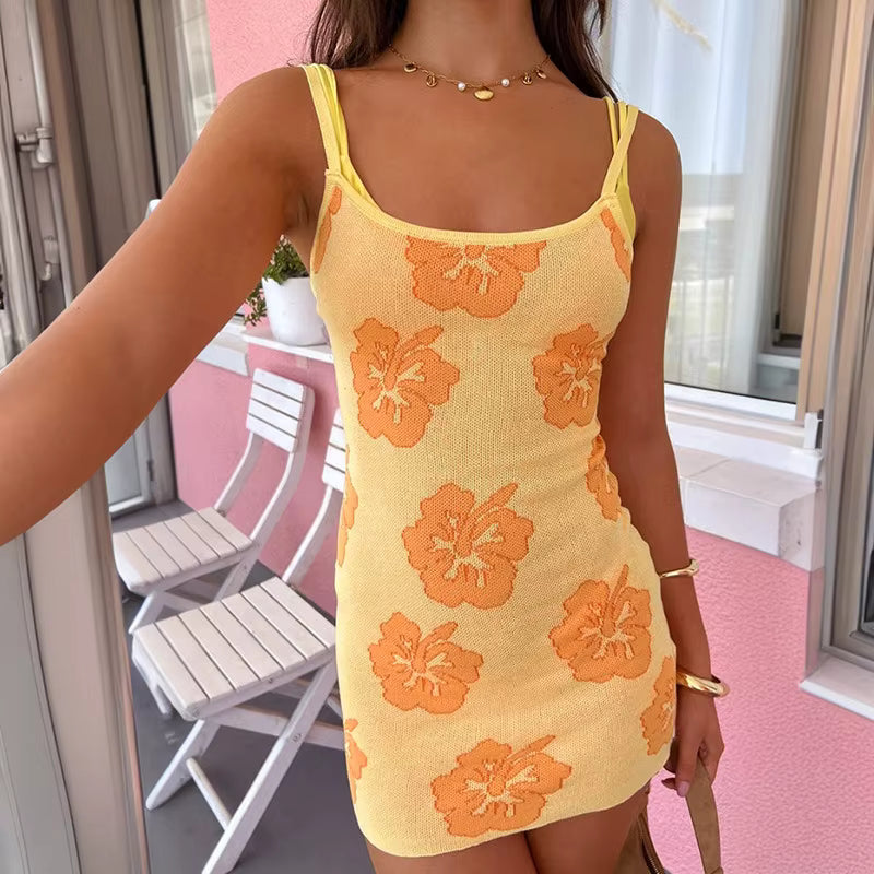 Casual Flower Print Sling Backless High Waist Slim Short Mini Dresses