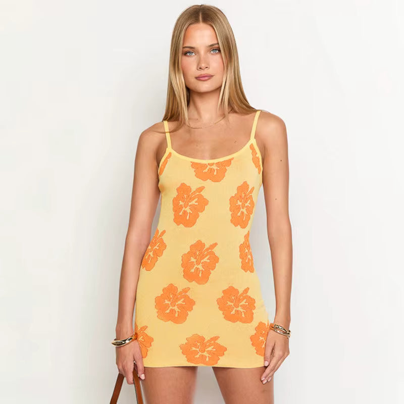 Casual Flower Print Sling Backless High Waist Slim Short Mini Dresses