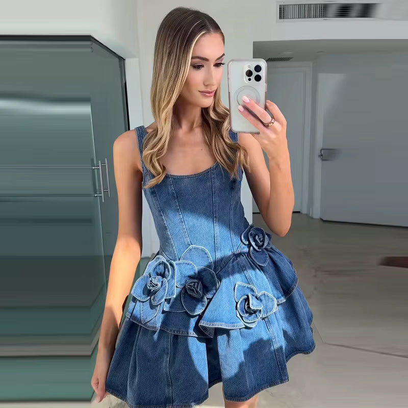 Casual Flower Sleeveless Square Collar A-line Party Club Mini Dress
