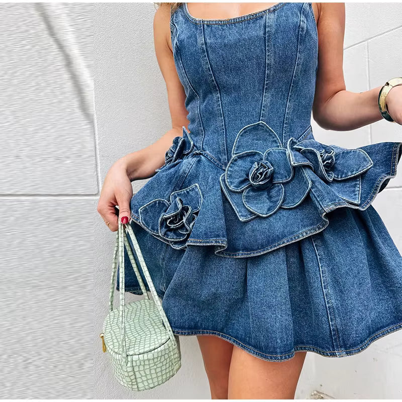 Casual Flower Sleeveless Square Collar A-line Party Club Mini Dress