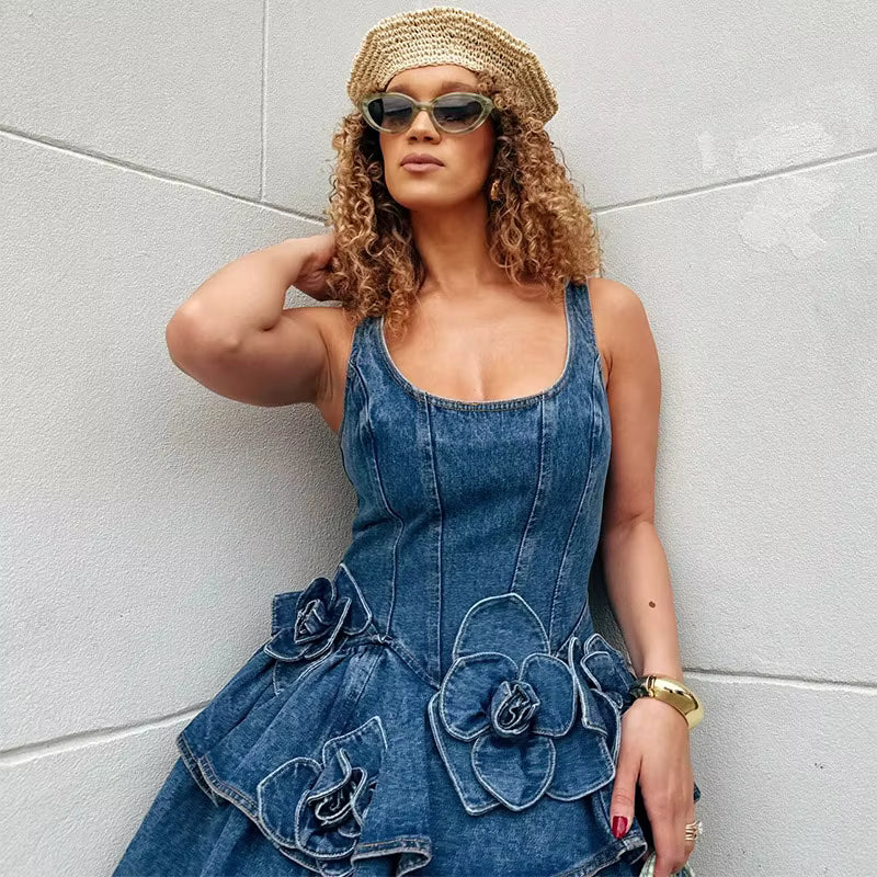 Casual Flower Sleeveless Square Collar A-line Party Club Mini Dress