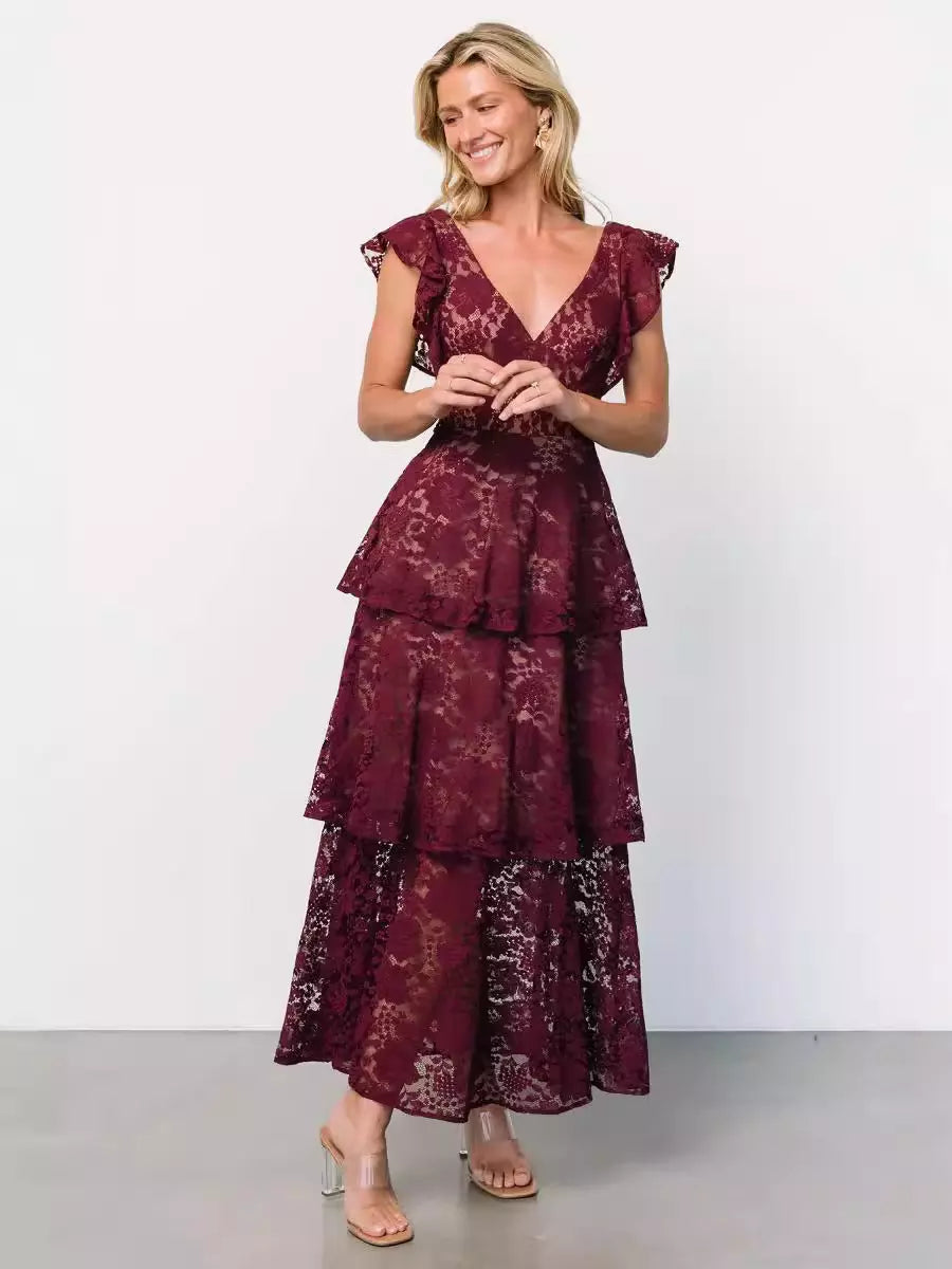 Casual Flutter Sleeve V-Neck Daily Casual Lace Layered Maxi Dress