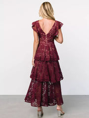 Casual Flutter Sleeve V-Neck Daily Casual Lace Layered Maxi Dress