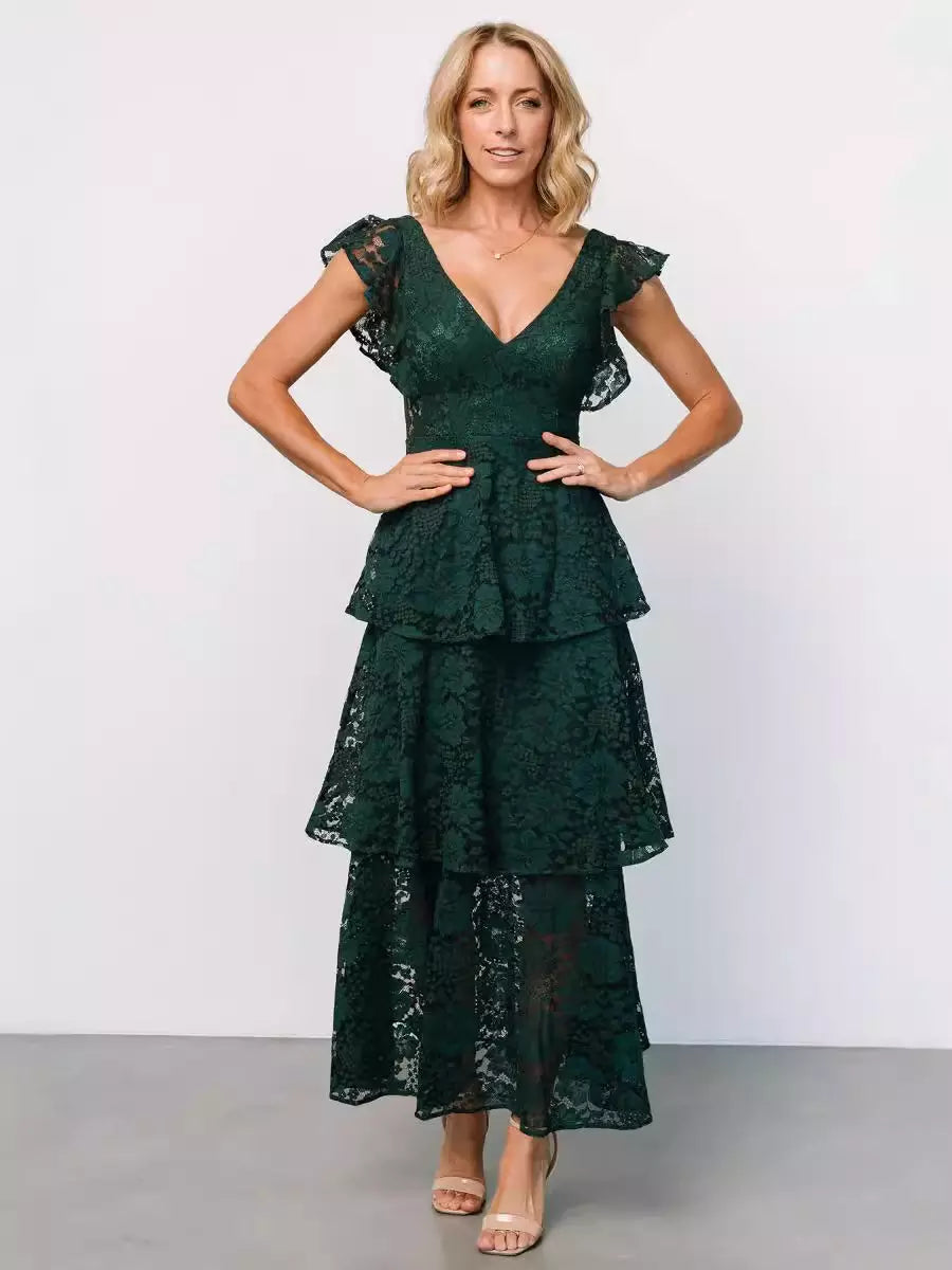 Casual Flutter Sleeve V-Neck Daily Casual Lace Layered Maxi Dress