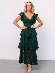 Casual Flutter Sleeve V-Neck Daily Casual Lace Layered Maxi Dress