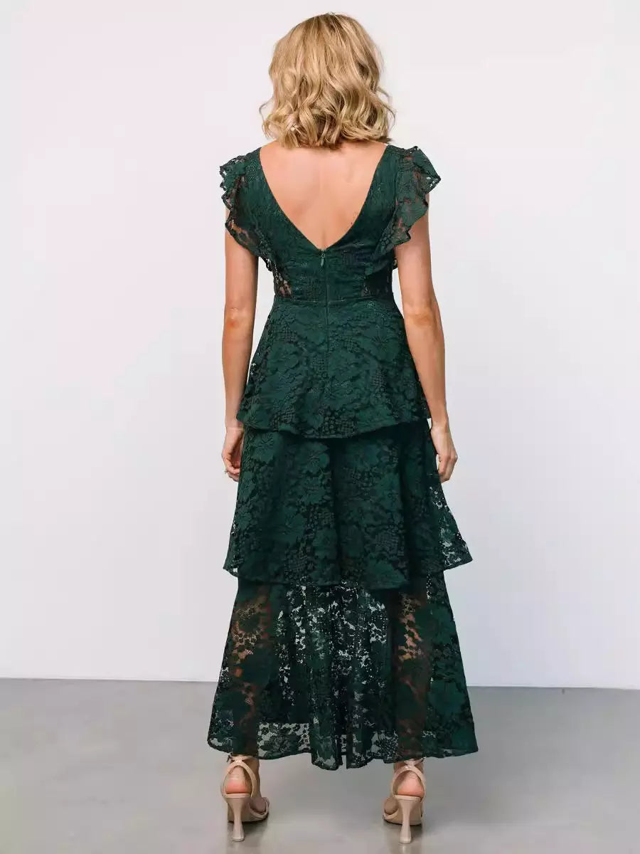 Casual Flutter Sleeve V-Neck Daily Casual Lace Layered Maxi Dress