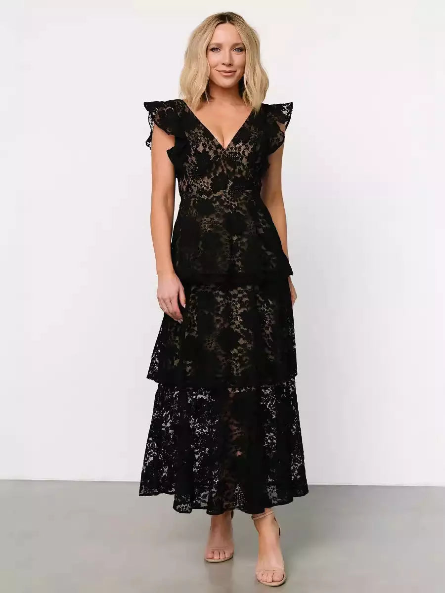 Casual Flutter Sleeve V-Neck Daily Casual Lace Layered Maxi Dress