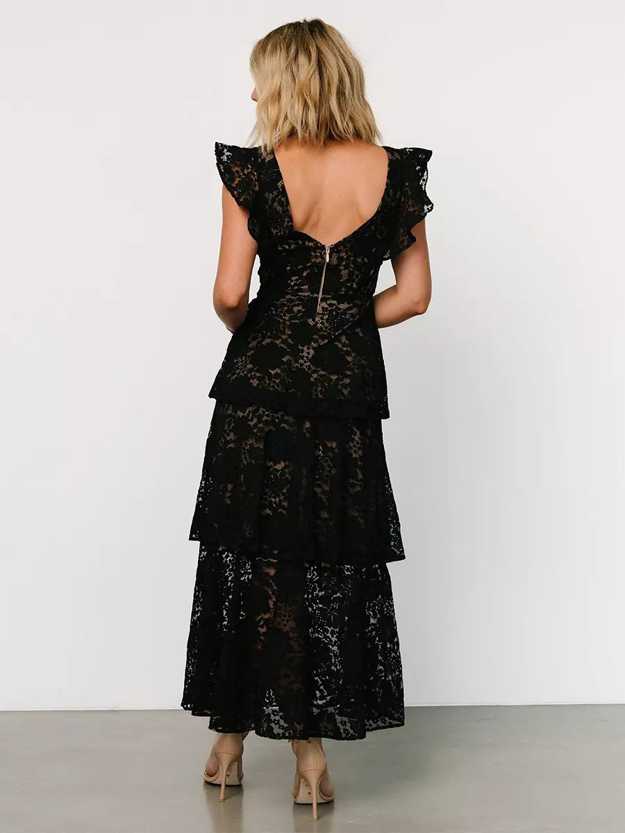 Casual Flutter Sleeve V-Neck Daily Casual Lace Layered Maxi Dress