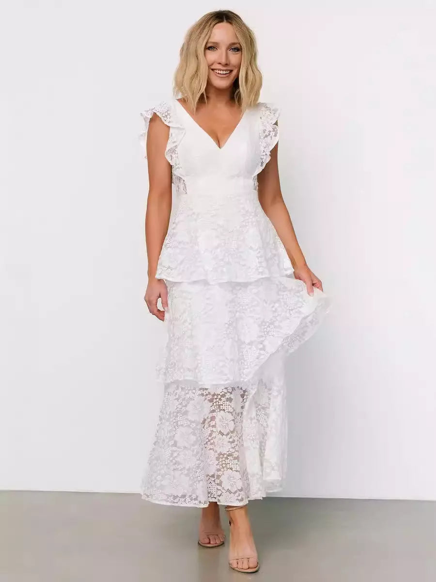 Casual Flutter Sleeve V-Neck Daily Casual Lace Layered Maxi Dress