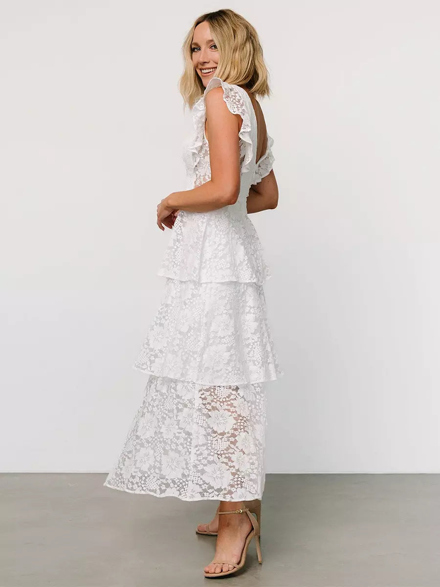 Casual Flutter Sleeve V-Neck Daily Casual Lace Layered Maxi Dress