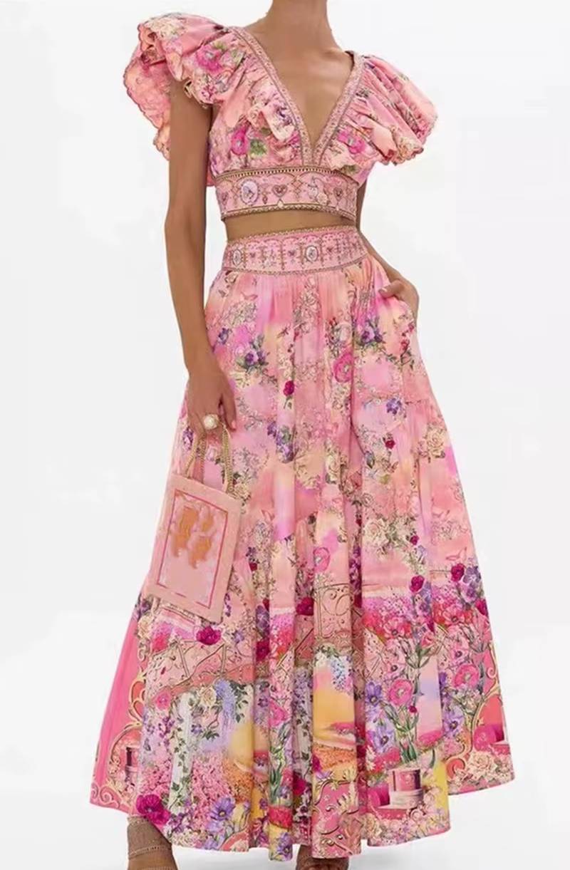 Casual Flying Sleeves Short Top And High Waist And Big skirt 2-Piece Set