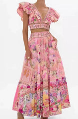 Casual Flying Sleeves Short Top And High Waist And Big skirt 2-Piece Set