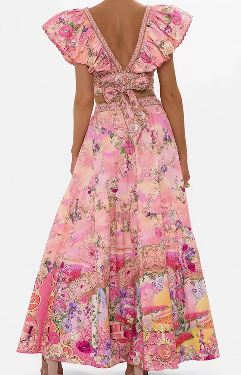 Casual Flying Sleeves Short Top And High Waist And Big skirt 2-Piece Set