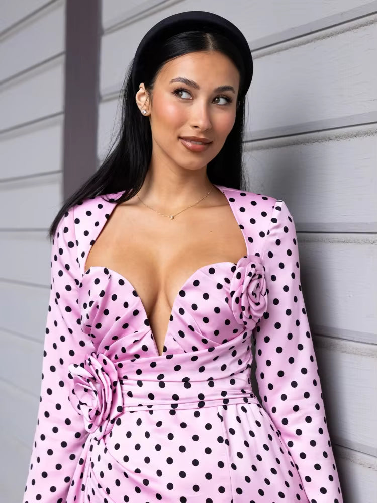 Casual Folds Draped Deep V-Neck Flower Design Dot Printed Mini Dress