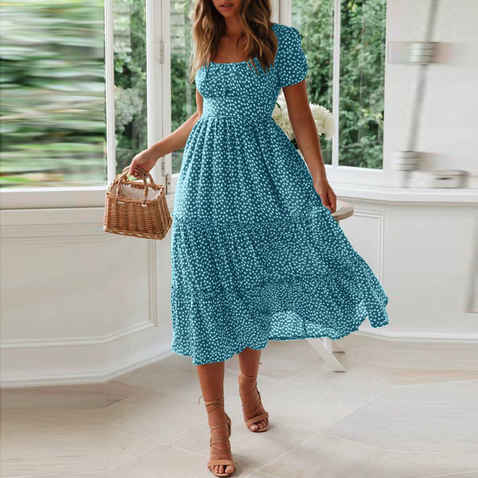 Casual Fragmented Flower Printed Flare Short Sleeve Flowy Midi Dress