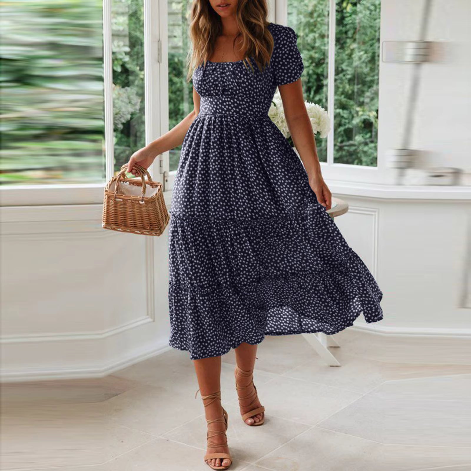 Casual Fragmented Flower Printed Flare Short Sleeve Flowy Midi Dress