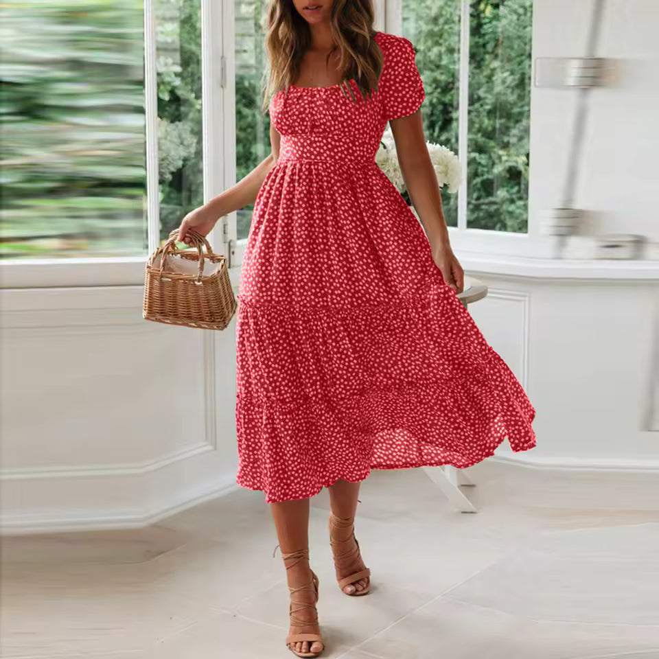 Casual Fragmented Flower Printed Flare Short Sleeve Flowy Midi Dress