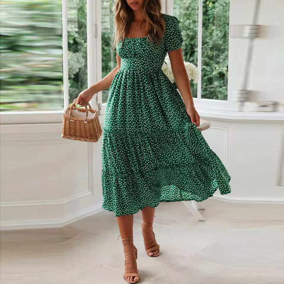 Casual Fragmented Flower Printed Flare Short Sleeve Flowy Midi Dress