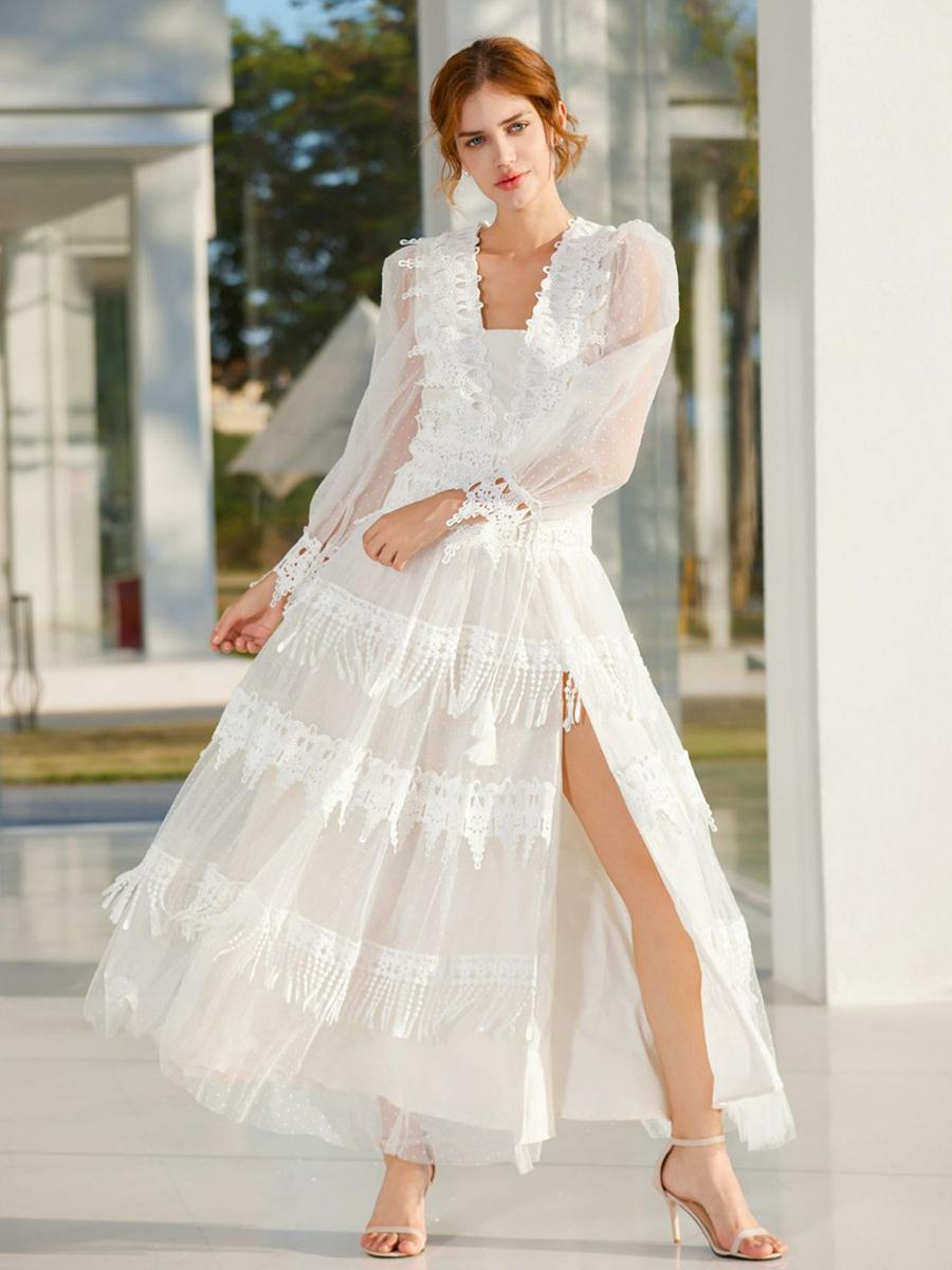 Casual Fringe Lace Deep V-Neck Long Sleeves High Slit Polka Dot Maxi Dress