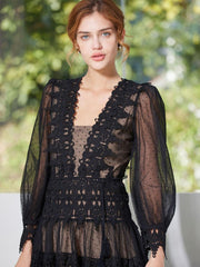 Casual Fringe Lace Deep V-Neck Long Sleeves High Slit Polka Dot Maxi Dress