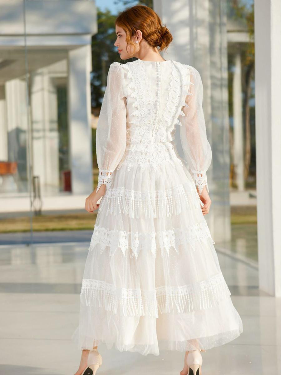 Casual Fringe Lace Deep V-Neck Long Sleeves High Slit Polka Dot Maxi Dress
