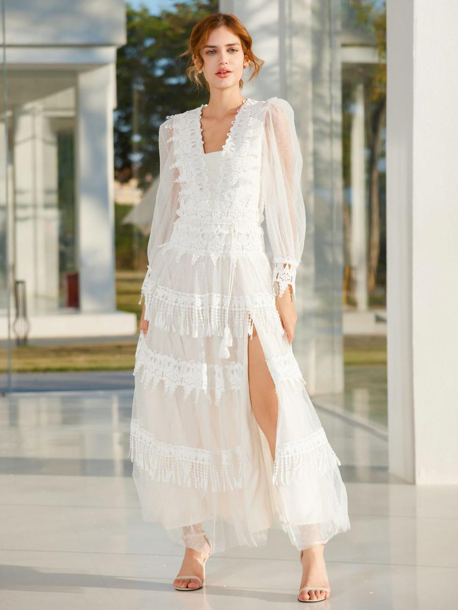 Casual Fringe Lace Deep V-Neck Long Sleeves High Slit Polka Dot Maxi Dress