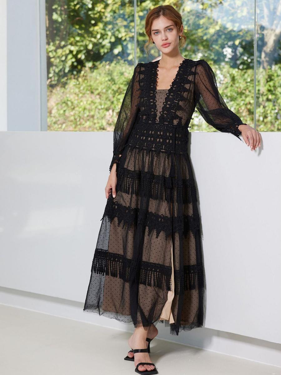 Casual Fringe Lace Deep V-Neck Long Sleeves High Slit Polka Dot Maxi Dress