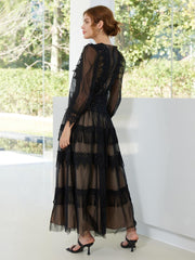 Casual Fringe Lace Deep V-Neck Long Sleeves High Slit Polka Dot Maxi Dress