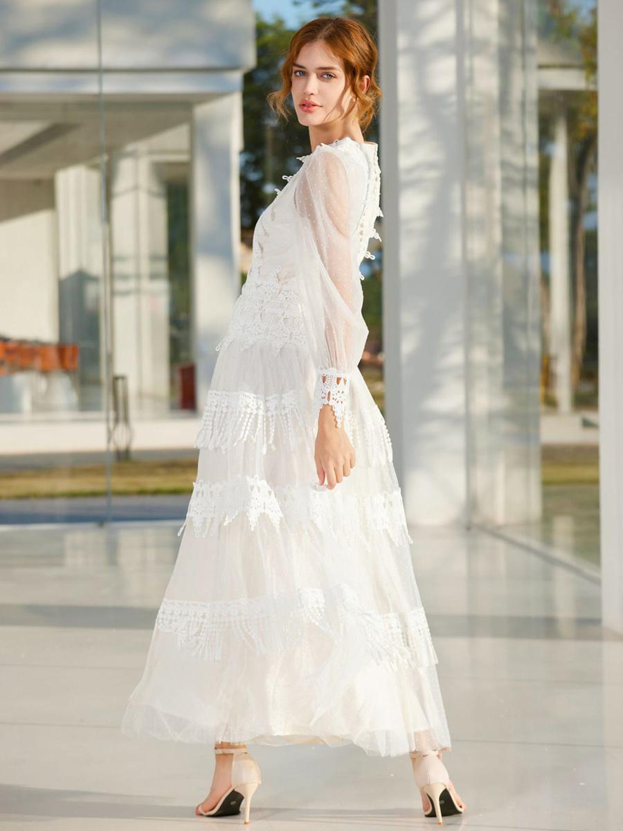 Casual Fringe Lace Deep V-Neck Long Sleeves High Slit Polka Dot Maxi Dress