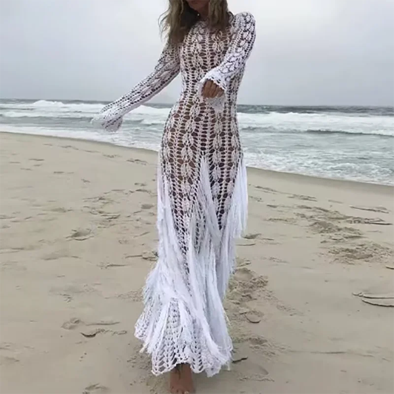 Casual Fringe Patchwork Hollow Knitted Long Sleeved Slim Beach Holiday Dresses