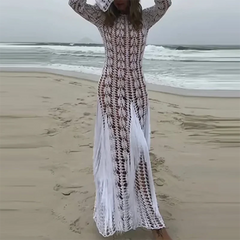 Casual Fringe Patchwork Hollow Knitted Long Sleeved Slim Beach Holiday Dresses
