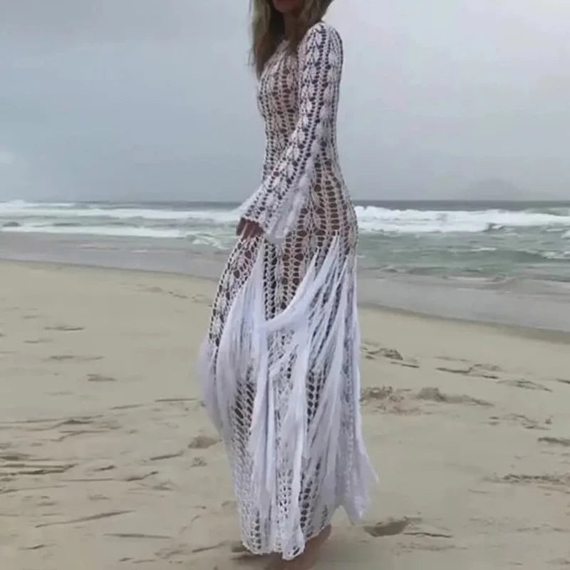 Casual Fringe Patchwork Hollow Knitted Long Sleeved Slim Beach Holiday Dresses