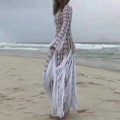 Casual Fringe Patchwork Hollow Knitted Long Sleeved Slim Beach Holiday Dresses