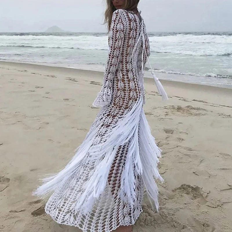 Casual Fringe Patchwork Hollow Knitted Long Sleeved Slim Beach Holiday Dresses