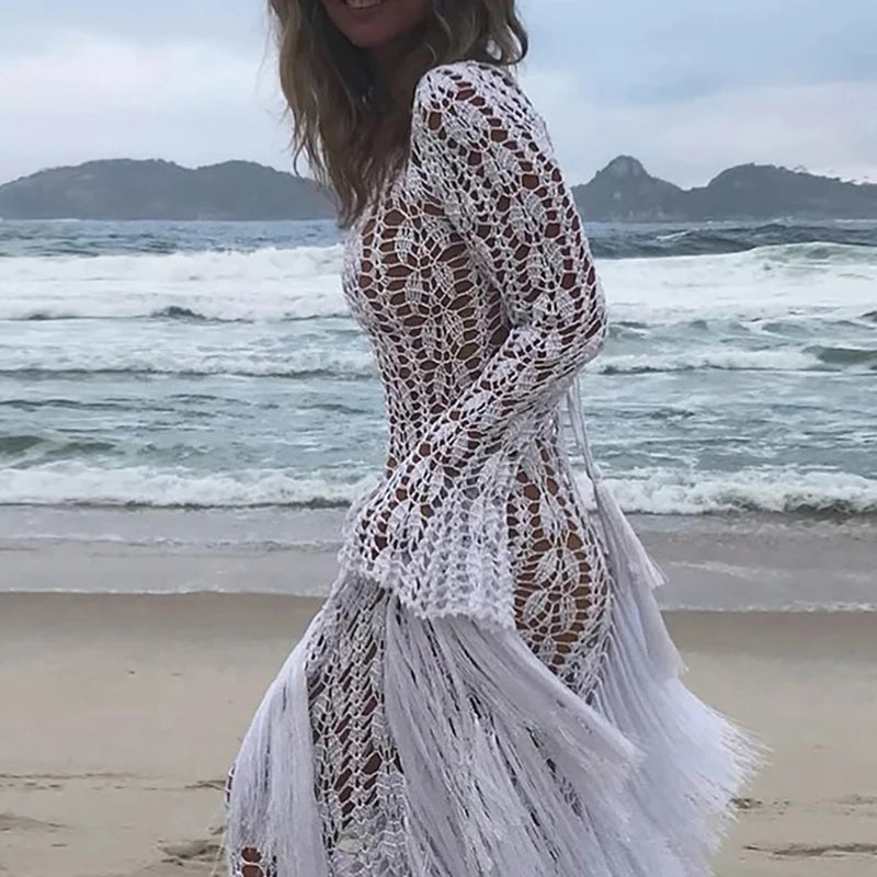Casual Fringe Patchwork Hollow Knitted Long Sleeved Slim Beach Holiday Dresses
