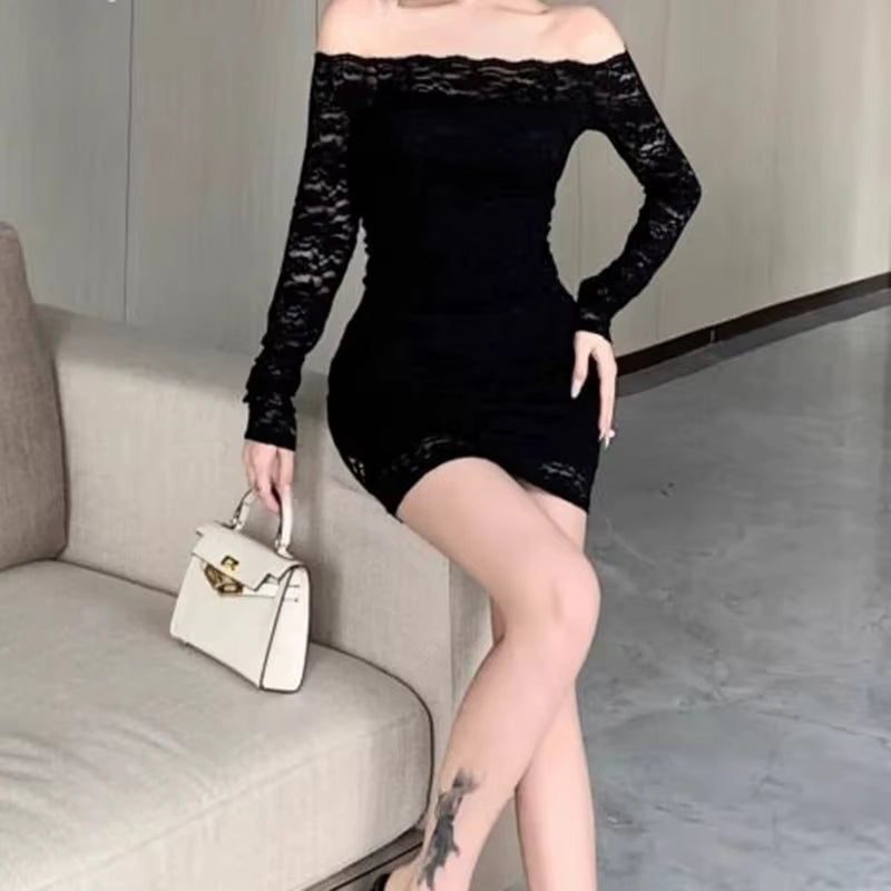 Casual Frock Slash Neck Hollow Cut Streetwear Partywear Long Sleeve Party Lace Dress