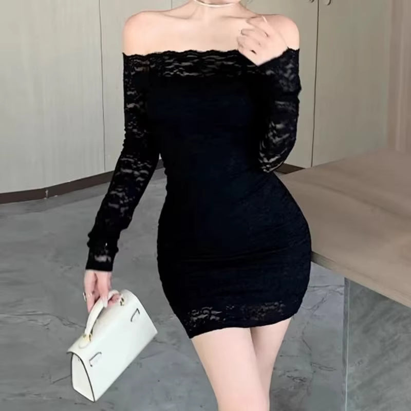 Casual Frock Slash Neck Hollow Cut Streetwear Partywear Long Sleeve Party Lace Dress