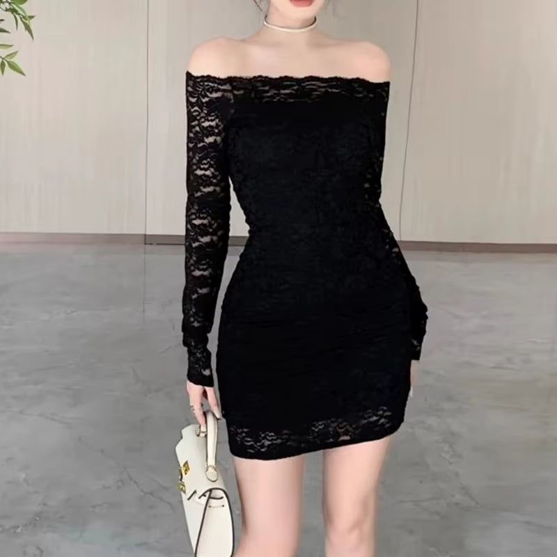 Casual Frock Slash Neck Hollow Cut Streetwear Partywear Long Sleeve Party Lace Dress