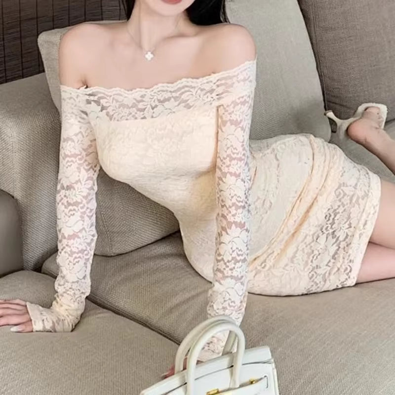 Casual Frock Slash Neck Hollow Cut Streetwear Partywear Long Sleeve Party Lace Dress