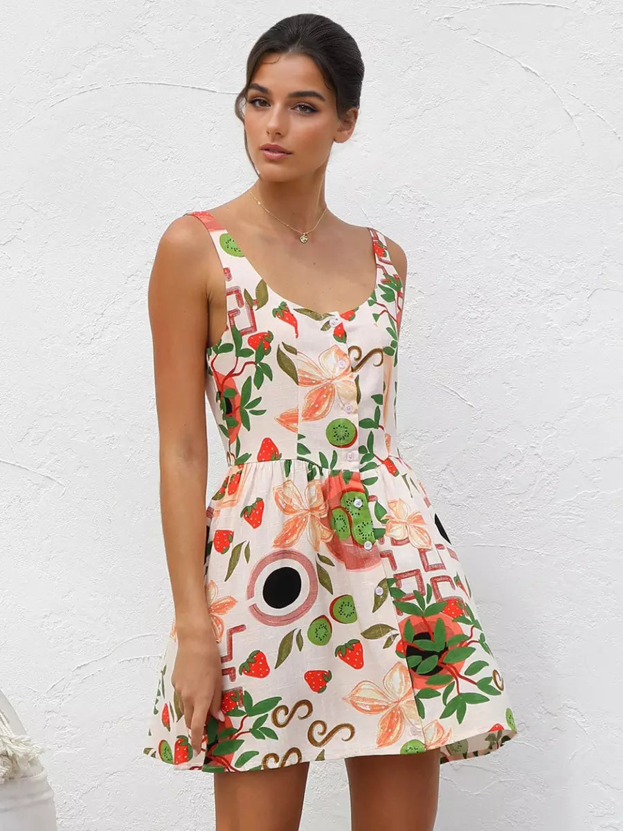 Casual Fruit Print A-line Floral Sundress Mini Slip Dress