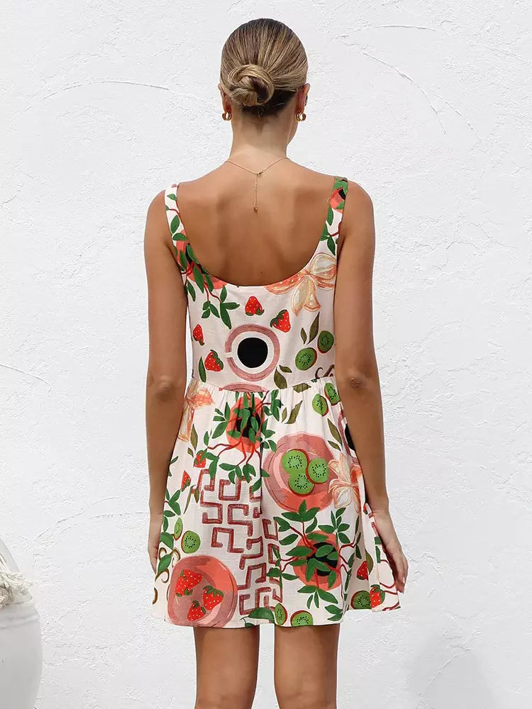 Casual Fruit Print A-line Floral Sundress Mini Slip Dress