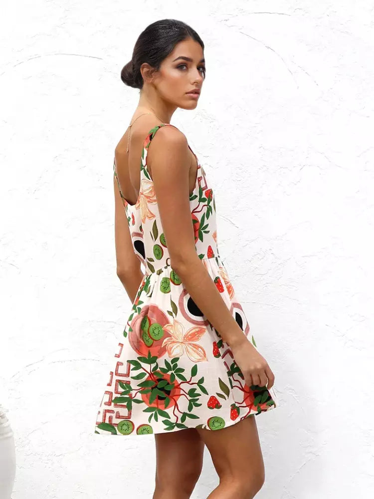 Casual Fruit Print A-line Floral Sundress Mini Slip Dress