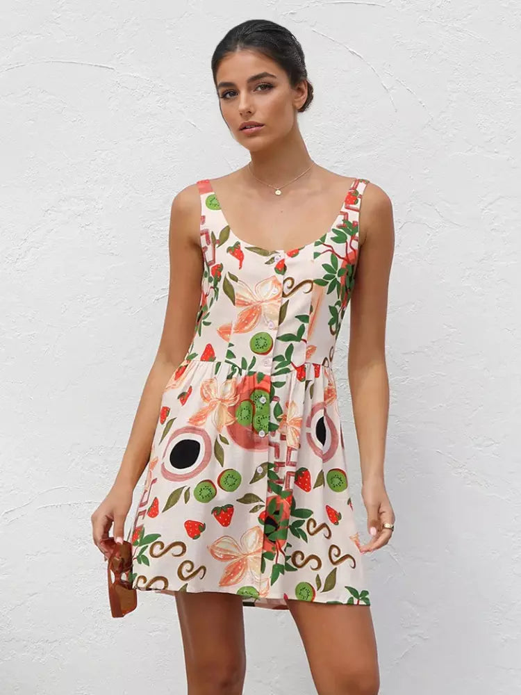 Casual Fruit Print A-line Floral Sundress Mini Slip Dress