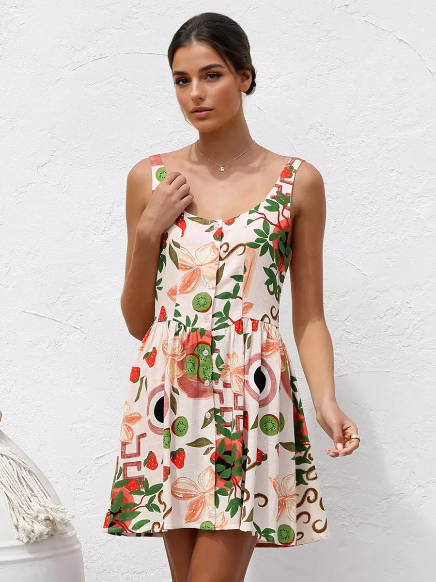 Casual Fruit Print A-line Floral Sundress Mini Slip Dress