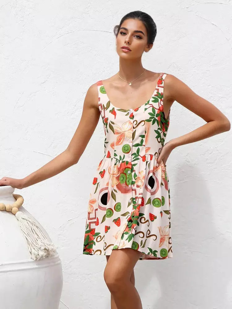Casual Fruit Print A-line Floral Sundress Mini Slip Dress